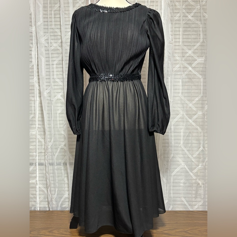 Sally Lou 8 Vintage Black Sequin Trim Long Sleeve Formal Dress sheer skirt